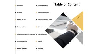 Table Of Content Purchase Agreement Ppt PowerPoint Presentation Infographics Example File