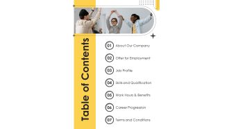 Table Of Contents Advertising And Marketing Job Profile Proposal One Pager Sample Example Document