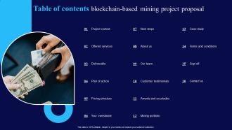 Table Of Contents Blockchain Based Mining Project Proposal Ppt Infographic Template Graphics Download PDF