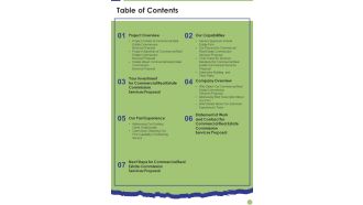 Table Of Contents Commercial Real Estate Commission Services Proposal One Pager Sample Example Document