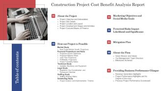 Table Of Contents Construction Project Cost Benefit Analysis Report Themes PDF