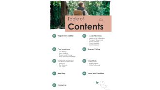 Table Of Contents Corporate Trips And Packages Proposal One Pager Sample Example Document