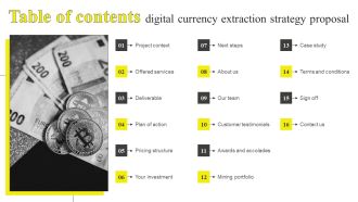 Table Of Contents Digital Currency Extraction Strategy Proposal Designs PDF