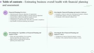Table Of Contents Estimating Business Overall Health With Financial Planning And Assessment Portrait PDF