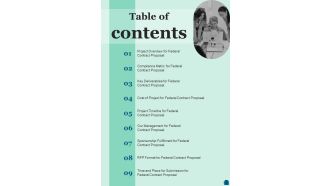 Table Of Contents Federal Contract Proposal One Pager Sample Example Document
