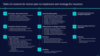 Table Of Contents For Action Plan To Implement Exit Strategy For Investors Brochure PDF