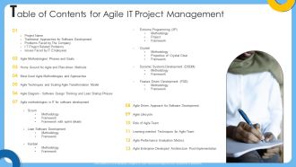 Table Of Contents For Agile IT Project Management Ppt File Show PDF
