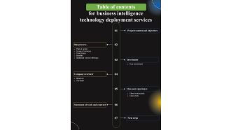 Table Of Contents For Business Intelligence Technology Deployment Services One Pager Sample Example Document