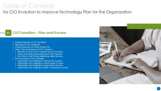 Table Of Contents For CIO Evolution To Improve Technology Plan For The Organization Slide Designs PDF