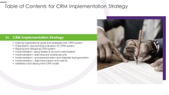 Table Of Contents For CRM Implementation Strategy Slide Topics PDF