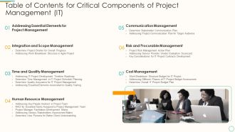 Table Of Contents For Critical Components Of Project Management IT Brochure PDF