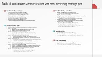 Table Of Contents For Customer Retention With Email Advertising Campaign Plan Infographics PDF