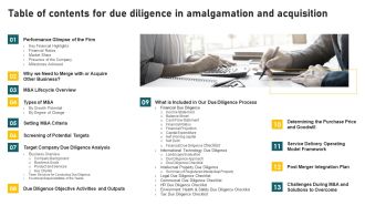 Table Of Contents For Due Diligence In Amalgamation And Acquisition Formats PDF