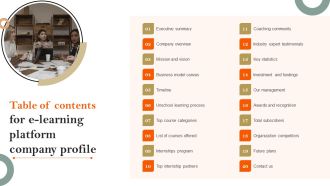 Table Of Contents For E Learning Platform Company Profile Elements PDF