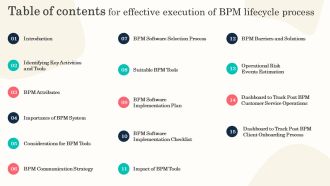 Table Of Contents For Effective Execution Of BPM Lifecycle Process Information PDF