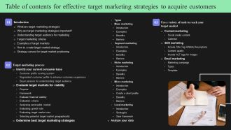 Table Of Contents For Effective Target Marketing Strategies To Acquire Customers Ideas PDF