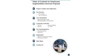 Table Of Contents For Employees Augmentation Services Proposal One Pager Sample Example Document