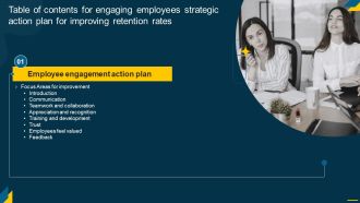 Table Of Contents For Engaging Employees Strategic Action Plan For Improving Retention Topics PDF