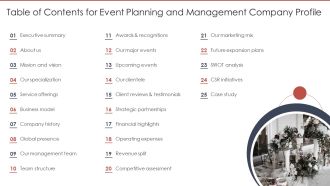 Table Of Contents For Event Planning And Management Company Profile Slides PDF