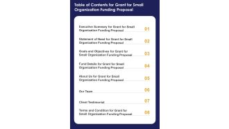 Table Of Contents For Grant For Small Organization Funding Proposal One Pager Sample Example Document