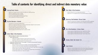 Table Of Contents For Identifying Direct And Indirect Data Monetary Value Designs PDF