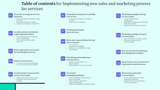 Table Of Contents For Implementing New Sales And Marketing Process For Services Topics PDF