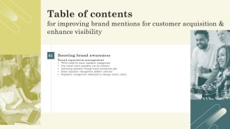 Table Of Contents For Improving Brand Mentions For Customer Acquisition And Enhance Summary PDF