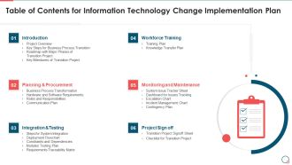 Table Of Contents For Information Technology Change Implementation Plan Infographics PDF