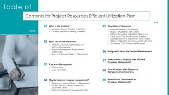 Table Of Contents For Project Resources Efficient Utilization Plan Ideas PDF