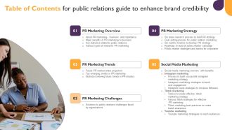 Table Of Contents For Public Relations Guide To Enhance Brand Credibility Brochure PDF