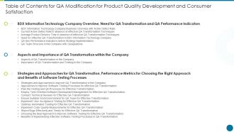Table Of Contents For QA Modification For Product Quality Development And Consumer Satisfaction Themes PDF