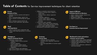 Table Of Contents For Service Improvement Techniques For Client Retention Formats PDF