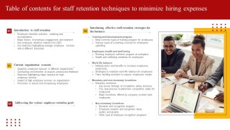 Table Of Contents For Staff Retention Techniques To Minimize Hiring Expenses Elements PDF