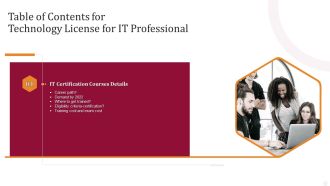 Table Of Contents For Technology License For IT Professional Slide Information PDF