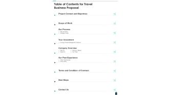Table Of Contents For Travel Business Proposal One Pager Sample Example Document