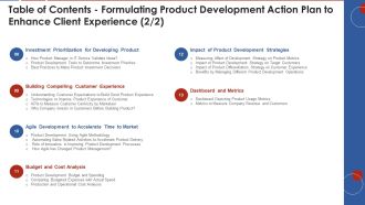 Table Of Contents Formulating Product Development Action Plan To Enhance Client Experience Metrics Themes PDF