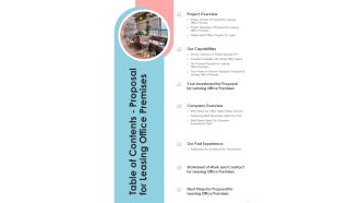 Table Of Contents Proposal For Leasing Office Premises One Pager Sample Example Document