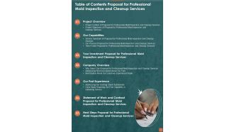 Table Of Contents Proposal For Professional Mold Inspection And Cleanup Services One Pager Sample Example Document