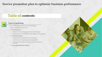 Table Of Contents Service Promotion Plan To Optimize Business Performance Portrait PDF