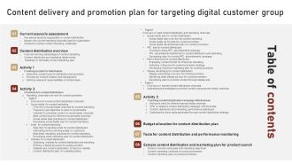 Table Of Contnets Content Delivery And Promotion Plan For Targeting Digital Customer Group Clipart PDF