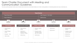 Team Charter Document With Meeting And Communication Guidelines Ppt Layouts Files PDF