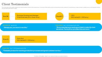 Tech Solution Company Elevator Pitch Deck Client Testimonials Summary PDF