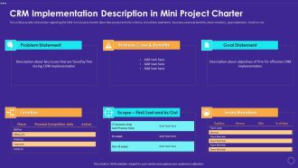 Technology Transformation Toolkit To Enhance Customer Service CRM Implementation Description In Mini Project Charter Portrait PDF
