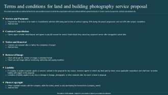 Terms And Conditions For Land And Building Photography Service Proposal Ppt Slides Visual Aids PDF