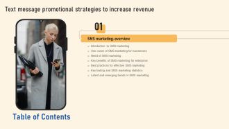 Text Message Promotional Strategies To Increase Revenue Table Of Contents Infographics PDF