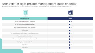 User Story For Agile Project Management Audit Checklist Icons PDF