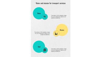 Vision And Mission For Transport Services One Pager Sample Example Document