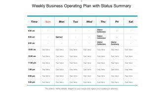 Weekly Business Operating Plan With Status Summary Ppt Powerpoint Presentation Pictures Designs Download