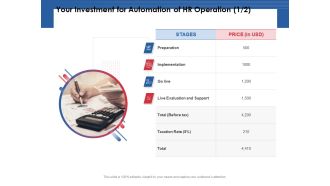 Your Investment For Automation Of HR Operation Implementation Ppt PowerPoint Presentation Ideas Aids PDF
