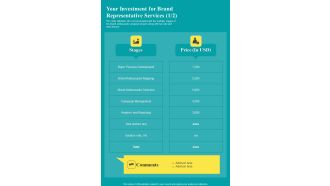 Your Investment For Brand Representative Services One Pager Sample Example Document